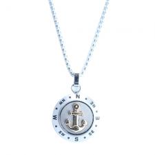 Stainless Steel Chain with Steel Compass and Gold PVD Anchor Emblem Pendant